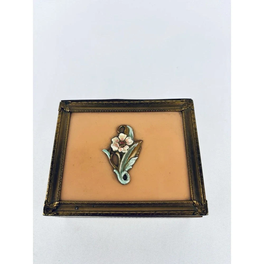 Vintage Metal Brass Jewelry Box With Floral Insert - Trinket Keeper
